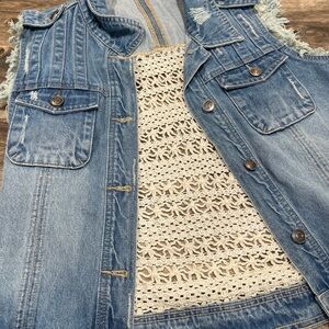 Filly Flair Distressed Denim Vest with Crochet Lace Back - Large - Boho